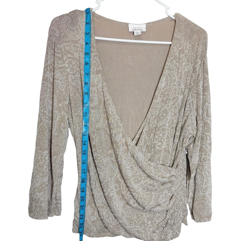 Dressbarn XL Taupe Metallic Paisley Surplice Wrap Top Shimmer Holiday Glam